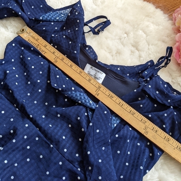 RUNAWAY polka dot blue and white off the cold shoulder ruffled wrap top blouse s - Picture 14 of 16